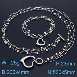 Women Stainless Steel&Pearls Link Hollow Love Heart Charm Jewelry Set with 500mm Necklace&200mm Bracelet