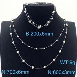 Women Stainless Steel&Pearls Love Heart Link Jewelry Set with 700mm Necklace&200mm Bracelet