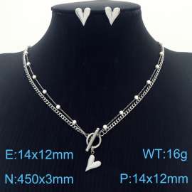 Women 450mm Stainless Steel&Pearls Link Necklace with OT Clasp&Love Heart Earrings Jewelry Set