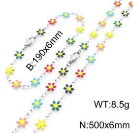 Women Stainless Steel Colorful Petals Flower Charm Jewelry Set with 190mm Bracelet&500mm Necklace