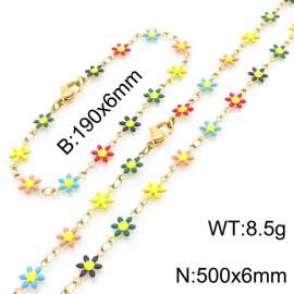 Women Gold-Plated Stainless Steel Colorful Petals Flower Charm Jewelry Set with 190mm Bracelet&500mm Necklace