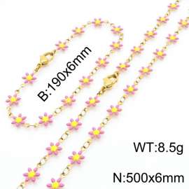 Women Gold-Plated Stainless Steel Pink Petals Flower Charm Jewelry Set with 190mm Bracelet&500mm Necklace