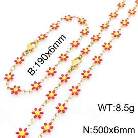 Women Gold-Plated Stainless Steel Red Petals Flower Charm Jewelry Set with 190mm Bracelet&500mm Necklace