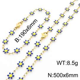 Women Gold-Plated Stainless Steel Blue Petals Flower Charm Jewelry Set with 190mm Bracelet&500mm Necklace