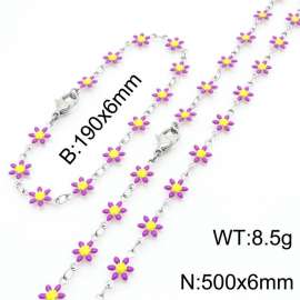 Women Stainless Steel Purple Petals Flower Charm Jewelry Set with 190mm Bracelet&500mm Necklace