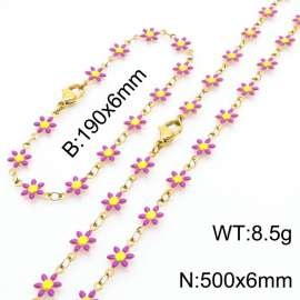 Women Gold-Plated Stainless Steel Purple Petals Flower Charm Jewelry Set with 190mm Bracelet&500mm Necklace