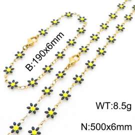 Women Gold-Plated Stainless Steel Black Petals Flower Charm Jewelry Set with 190mm Bracelet&500mm Necklace