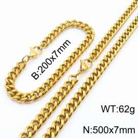 European and American hip-hop style double-sided polished Cuban chain stainless steel men's bracelet necklace 2-piece set