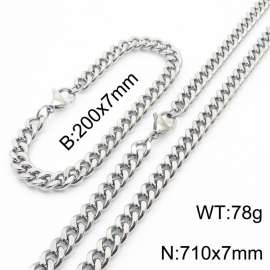 European and American hip-hop style double-sided polished Cuban chain stainless steel men's bracelet necklace 2-piece set