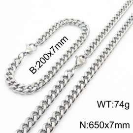 European and American hip-hop style double-sided polished Cuban chain stainless steel men's bracelet necklace 2-piece set