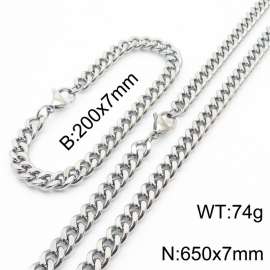 European and American hip-hop style double-sided polished Cuban chain stainless steel men's bracelet necklace 2-piece set