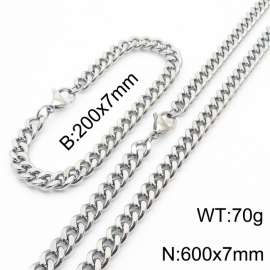 European and American hip-hop style double-sided polished Cuban chain stainless steel men's bracelet necklace 2-piece set