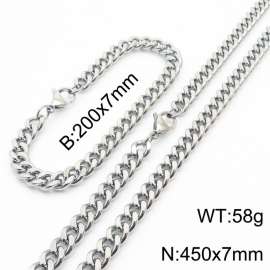 European and American hip-hop style double-sided polished Cuban chain stainless steel men's bracelet necklace 2-piece set