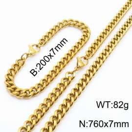 European and American hip-hop style double-sided polished Cuban chain stainless steel men's bracelet necklace 2-piece set