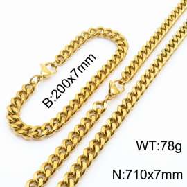 European and American hip-hop style double-sided polished Cuban chain stainless steel men's bracelet necklace 2-piece set