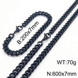 European and American hip-hop style double-sided polished Cuban chain stainless steel men's bracelet necklace 2-piece set