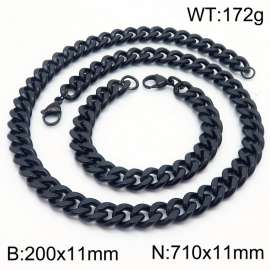 11mm stainless steel  jewelry sets  for men punk cuban chain black bracelet & necklace
