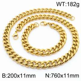 11mm stainless steel jewelry sets  for men punk cuban chain gold color bracelet & necklace