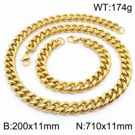 11mm stainless steel  jewelry sets  for men punk cuban chain gold color bracelet & necklace