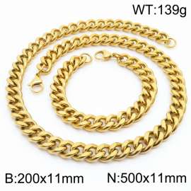 11mm stainless steel  jewelry sets  for men punk cuban chain gold color bracelet & necklace