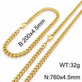 Fashion 18k Gold Plated Chain Wholesale 4.5mm Stainless Steel Necklace Bracelet Jewelry Sets
