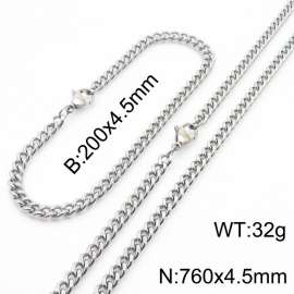 Fashion Silver Color 4.5mm Cuban Chain Wholesale Stainless Steel Necklace Bracelet Jewelry Set