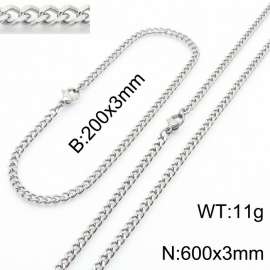 European and American stainless steel trend 200 × 3mm&600× 3mm double-sided grinding chain lobster buckle fashion versatile silver set