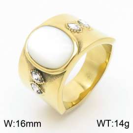 Women Gold-Plated Stainless Steel&Rhinestones Jewelry Ring with Shell Pearl Charm