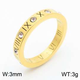 Women Gold-Plated Stainless Steel&Rhinestones Jewelry Ring with Roman Number Engravings