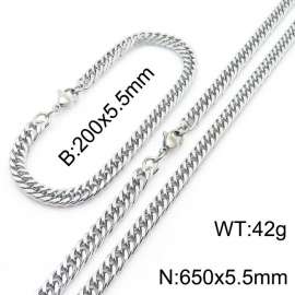 European and American fashion stainless steel 200x5.5mm&650x5.5mm Cuban chain jewelry temperament silver set