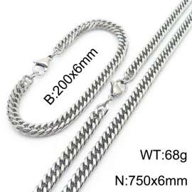 European and American fashion stainless steel 200x6mm&750x6mm Cuban chain jewelry temperament silver set