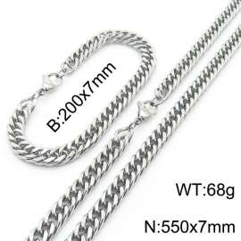 European and American fashion stainless steel 200x7mm&550x7mm Cuban chain jewelry temperament silver set