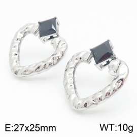 French Black Zircon Heart Earring Women Stainless Steel Silver Color