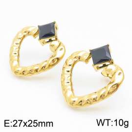 French Black Zircon Heart Earring Women Stainless Steel Gold Color