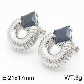 French Black Zircon Round Earring Women Stainless Steel Silver Color