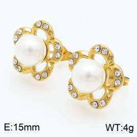 Stainless steel crystal big pearl flower shape fresh style  hollow gold earring