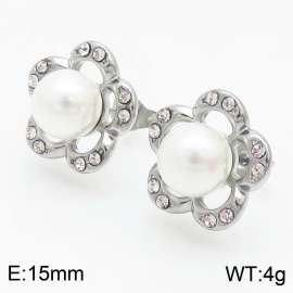 Stainless steel crystal big pearl flower shape fresh style  hollow silver earring