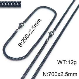 2.5mm Black-Plated Stainless Steel Cuban Chain Jewelry Set with 200mm Bracelet&700mm Necklace