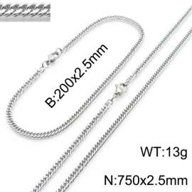 2.5mm Stainless Steel Cuban Chain Jewelry Set with 200mm Bracelet&750mm Necklace