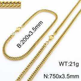 3.5mm Gold-Plated Stainless Steel Cuban Chain Jewelry Set with 200mm Bracelet&750mm Necklace