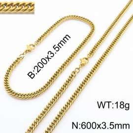 3.5mm Gold-Plated Stainless Steel Cuban Chain Jewelry Set with 200mm Bracelet&600mm Necklace