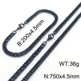 4.5mm Black-Plated Stainless Steel Cuban Chain Jewelry Set with 200mm Bracelet&750mm Necklace