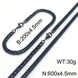 4.5mm Black-Plated Stainless Steel Cuban Chain Jewelry Set with 200mm Bracelet&600mm Necklace