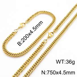 4.5mm Gold-Plated Stainless Steel Cuban Chain Jewelry Set with 200mm Bracelet&750mm Necklace