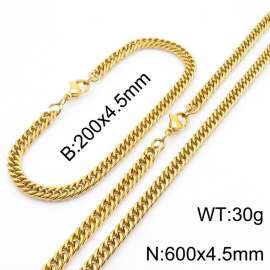 4.5mm Gold-Plated Stainless Steel Cuban Chain Jewelry Set with 200mm Bracelet&600mm Necklace