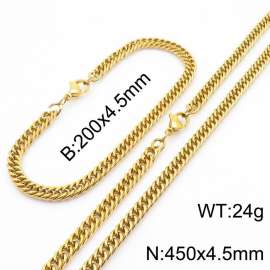 4.5mm Gold-Plated Stainless Steel Cuban Chain Jewelry Set with 200mm Bracelet&450mm Necklace