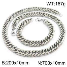 10mm 700mm Stainless Steel Sets Cuban Chain Bracelet Necklace Silver Color