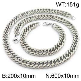 10mm 600mm Stainless Steel Sets Cuban Chain Bracelet Necklace Silver Color