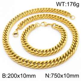 10mm 750mm Stainless Steel Sets Cuban Chain Bracelet Necklace Gold Color