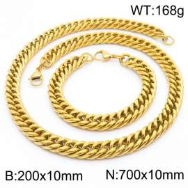 10mm 700mm Stainless Steel Sets Cuban Chain Bracelet Necklace Gold Color